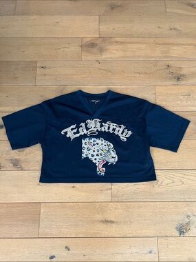Ed Hardy Cropped Mesh Jersey Top with Leopard Graphic